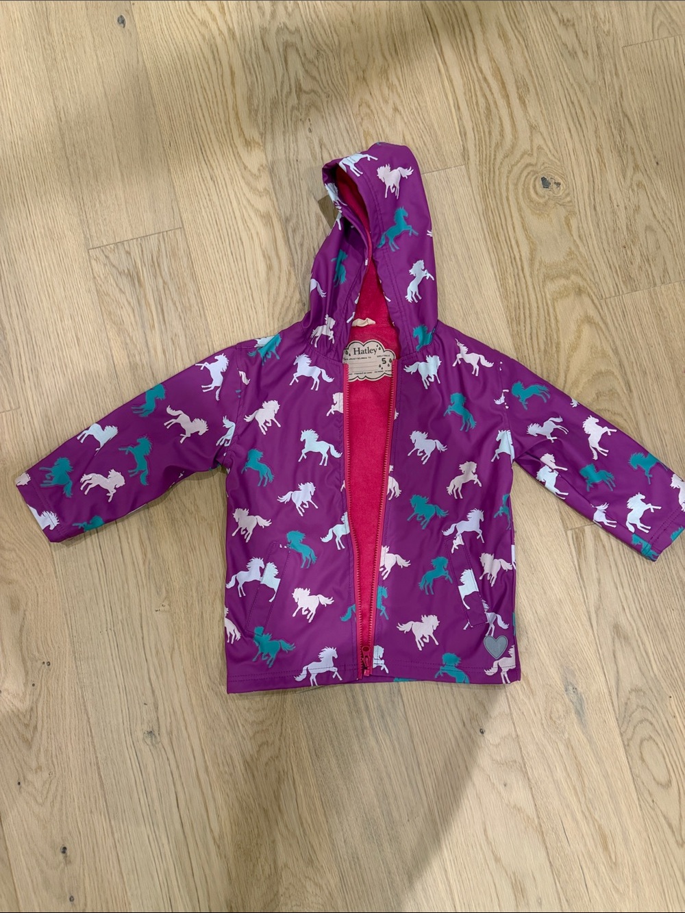 Hatley Purple Unicorn Hooded Raincoat with Teal and White Prints - 5T